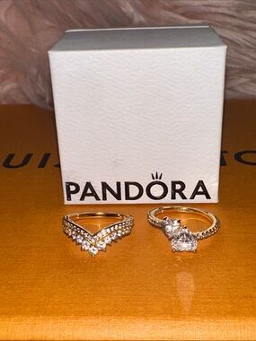 Like New Pandora Gold Tone Tiara Wishbone & Double heart 14K rings size 7 (54mm)